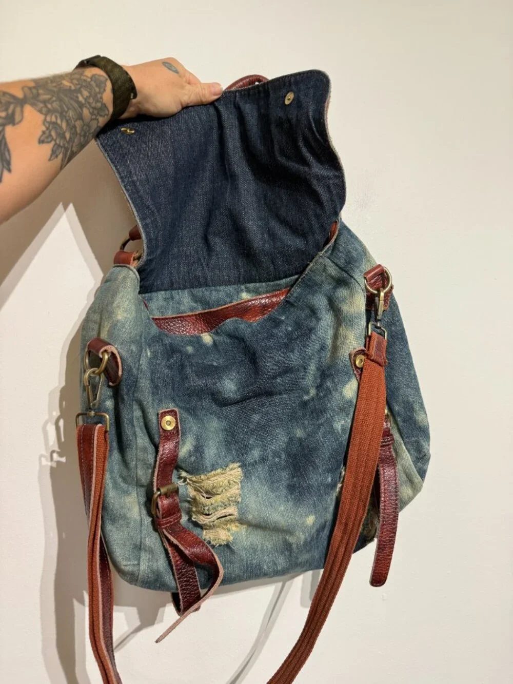 Unique Distressed Denim and Rich Leather Messenger Bag